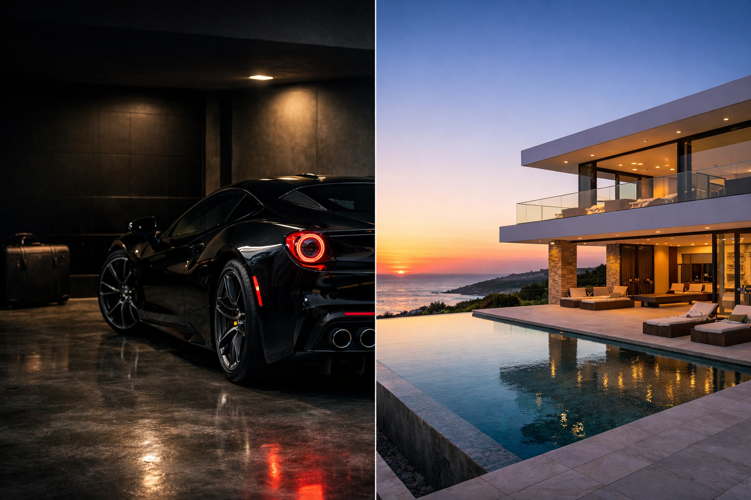 Split image showing a luxury sports car in a dark garage and a modern sea view villa with an infinity pool at sunset