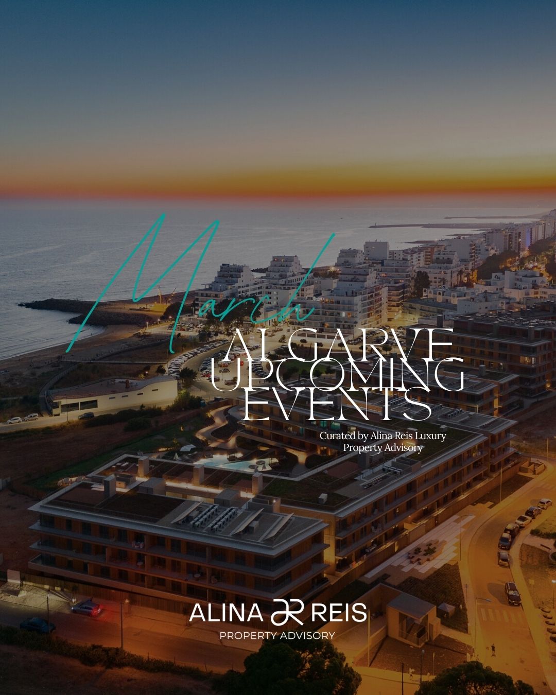 Promotional graphic reading March Upcoming Events over an aerial coastal city view at sunset