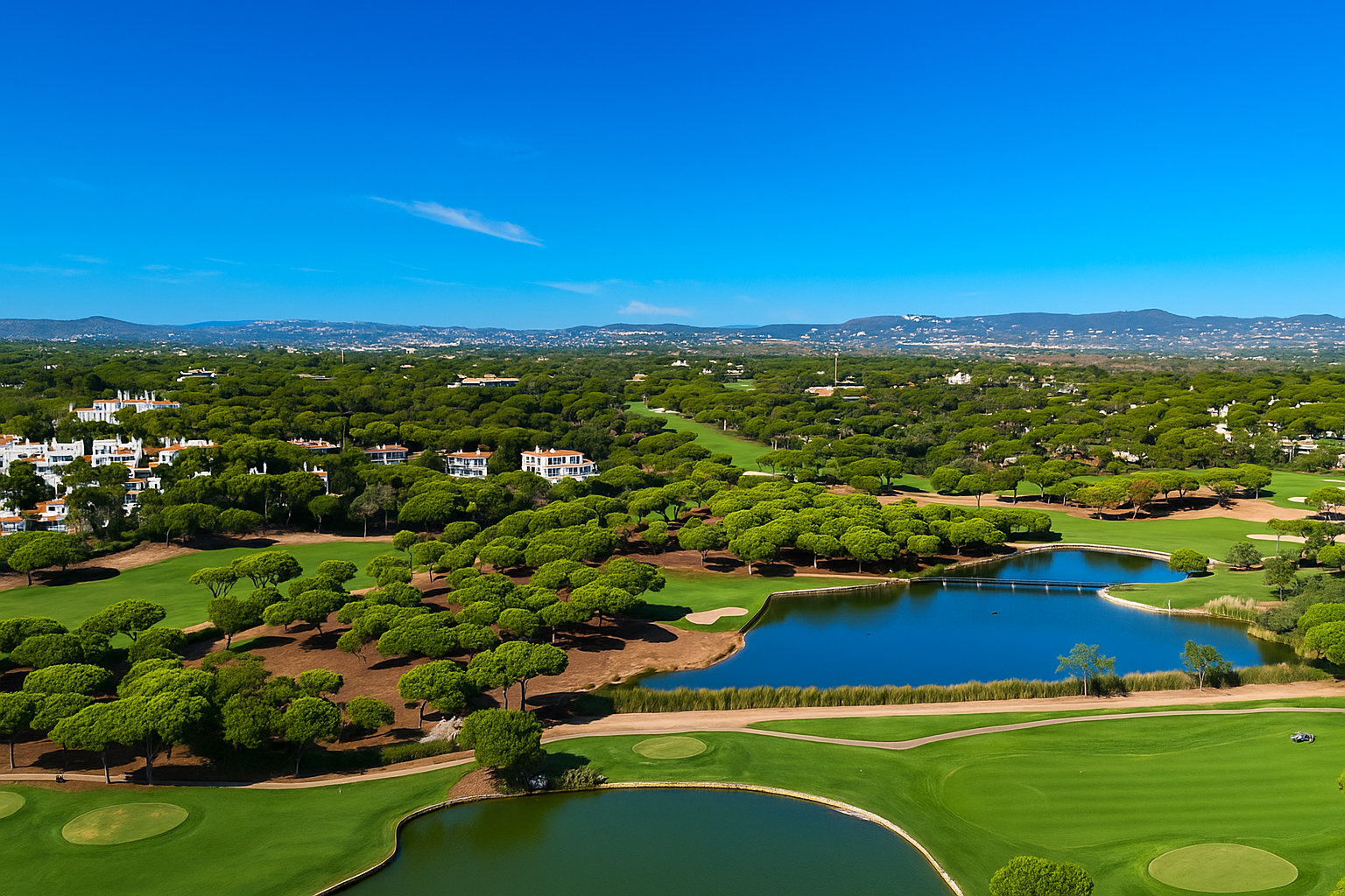 Golf and the Golfing Lifestyle in Portugal with an aerial view of Algarve fairways, lakes, and pine lined greens.